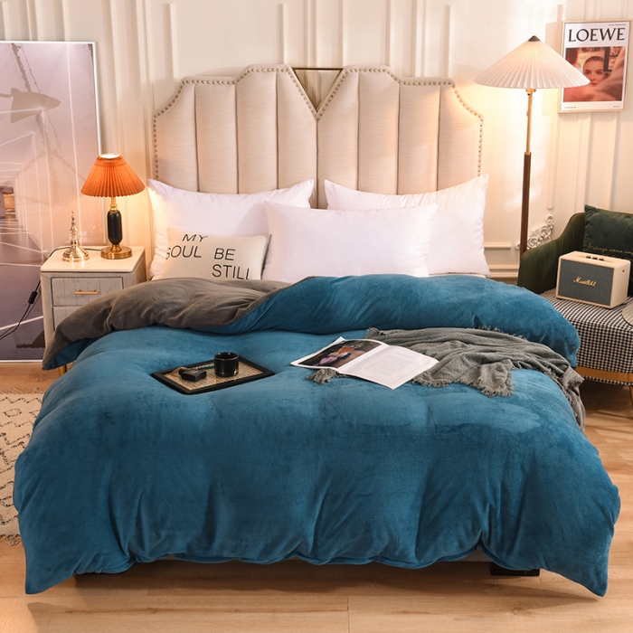 91家纺网 家纺一手货源 找家纺 甜之梦 2025牛奶绒纯色拼色单品四件套被套（可定制尺寸）宝石蓝＋深灰