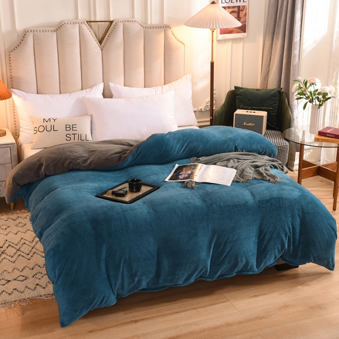 91家纺网 家纺一手货源 找家纺 甜之梦 2025牛奶绒纯色拼色单品四件套被套（可定制尺寸）宝石蓝＋深灰