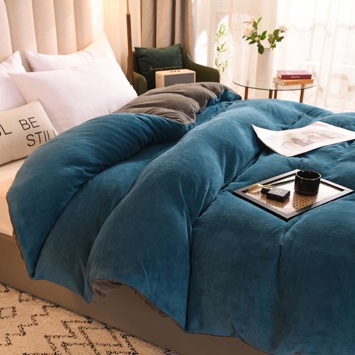 91家纺网 家纺一手货源 找家纺 甜之梦 2025牛奶绒纯色拼色单品四件套被套（可定制尺寸）宝石蓝＋深灰