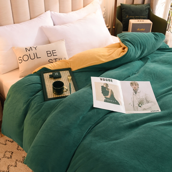 91家纺网 家纺一手货源 找家纺 甜之梦 2025牛奶绒纯色拼色单品四件套被套（可定制尺寸）墨绿＋嫩黄