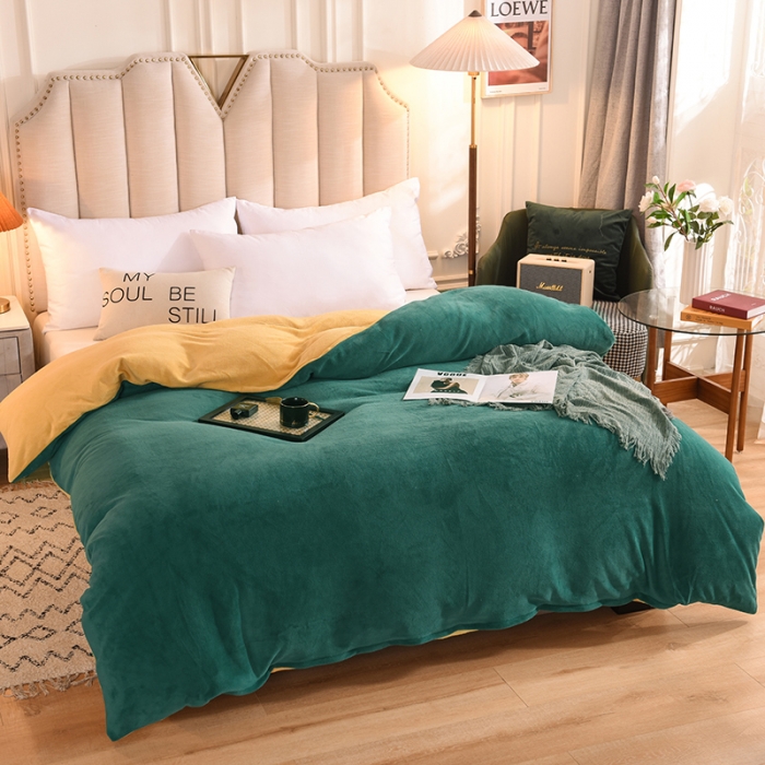 91家纺网 家纺一手货源 找家纺 甜之梦 2025牛奶绒纯色拼色单品四件套被套（可定制尺寸）墨绿＋嫩黄