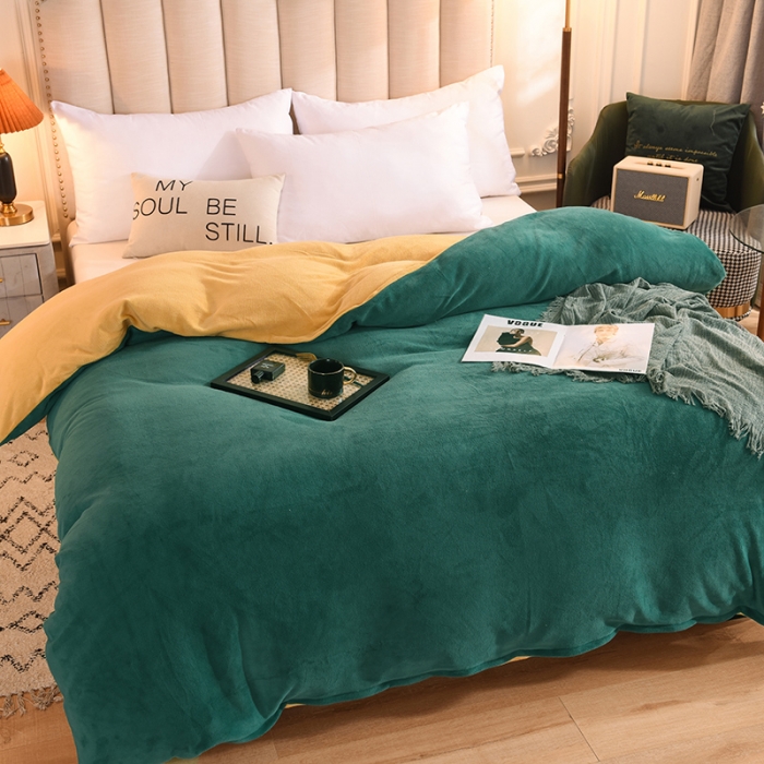 91家纺网 家纺一手货源 找家纺 甜之梦 2025牛奶绒纯色拼色单品四件套被套（可定制尺寸）墨绿＋嫩黄