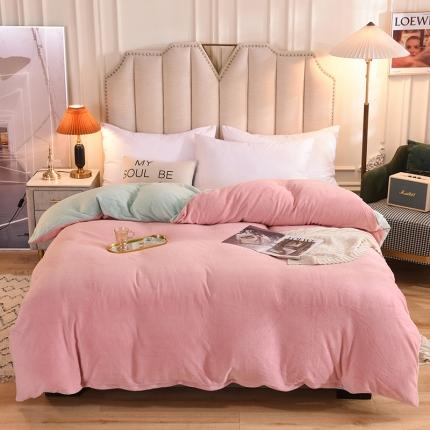 91家纺网 家纺一手货源 找家纺 甜之梦 2025牛奶绒纯色拼色单品四件套被套（可定制尺寸）嫩绿+淡粉