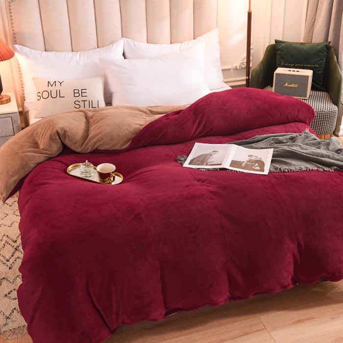 91家纺网 家纺一手货源 找家纺 甜之梦 2025牛奶绒纯色拼色单品四件套被套（可定制尺寸）洋酒红＋奶茶咖