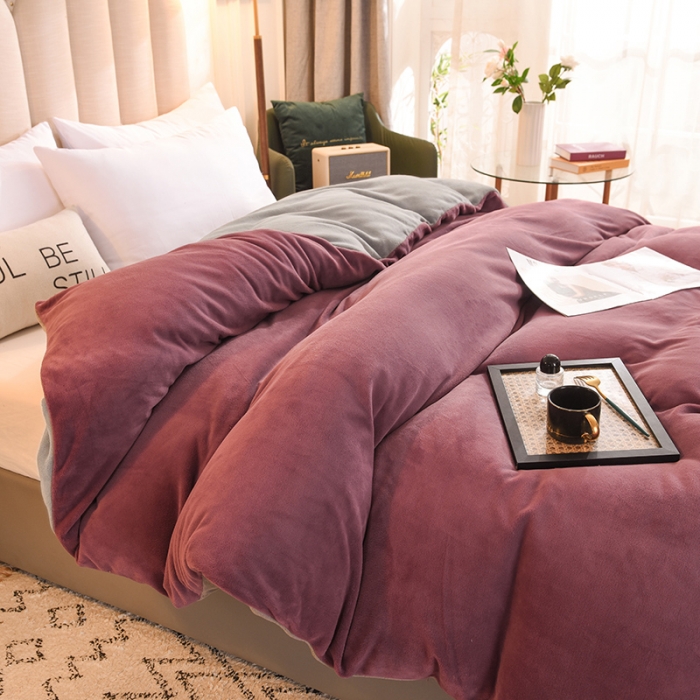 91家纺网 家纺一手货源 找家纺 甜之梦   2025牛奶绒纯色拼色单品四件套被套（可定制尺寸）紫豆沙+浅灰