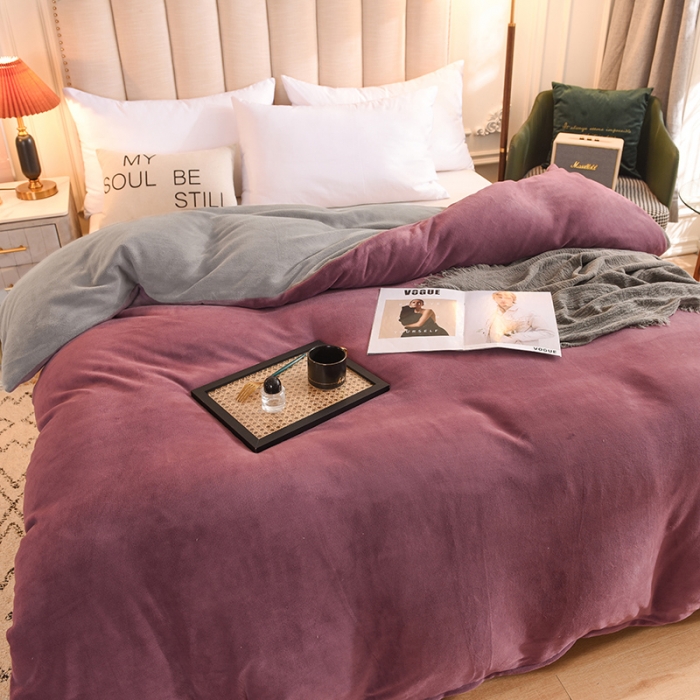 91家纺网 家纺一手货源 找家纺 甜之梦   2025牛奶绒纯色拼色单品四件套被套（可定制尺寸）紫豆沙+浅灰