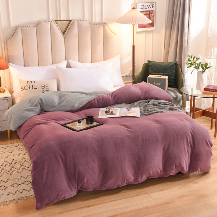 91家纺网 家纺一手货源 找家纺 甜之梦   2025牛奶绒纯色拼色单品四件套被套（可定制尺寸）紫豆沙+浅灰