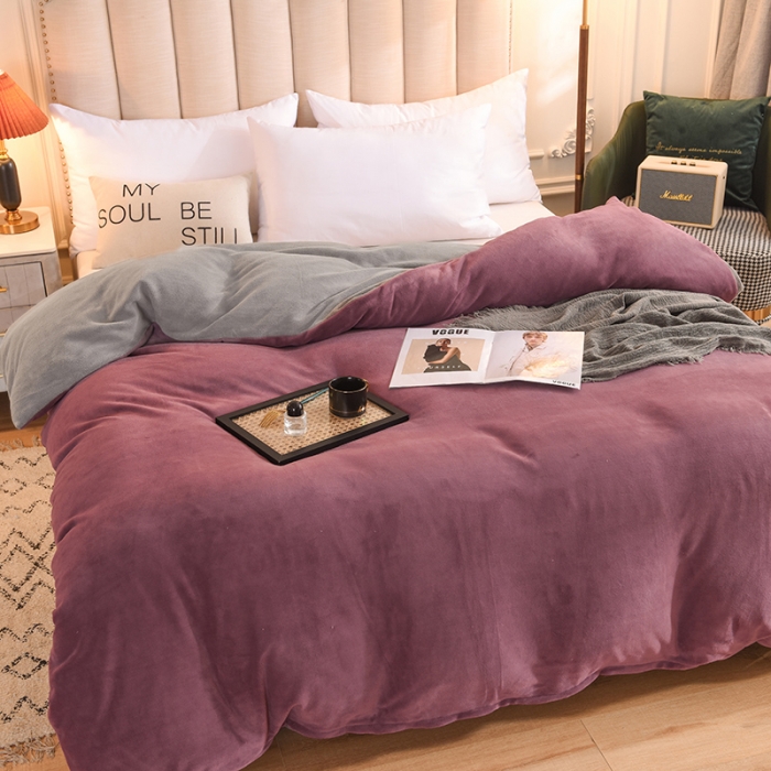 91家纺网 家纺一手货源 找家纺 甜之梦   2025牛奶绒纯色拼色单品四件套被套（可定制尺寸）紫豆沙+浅灰