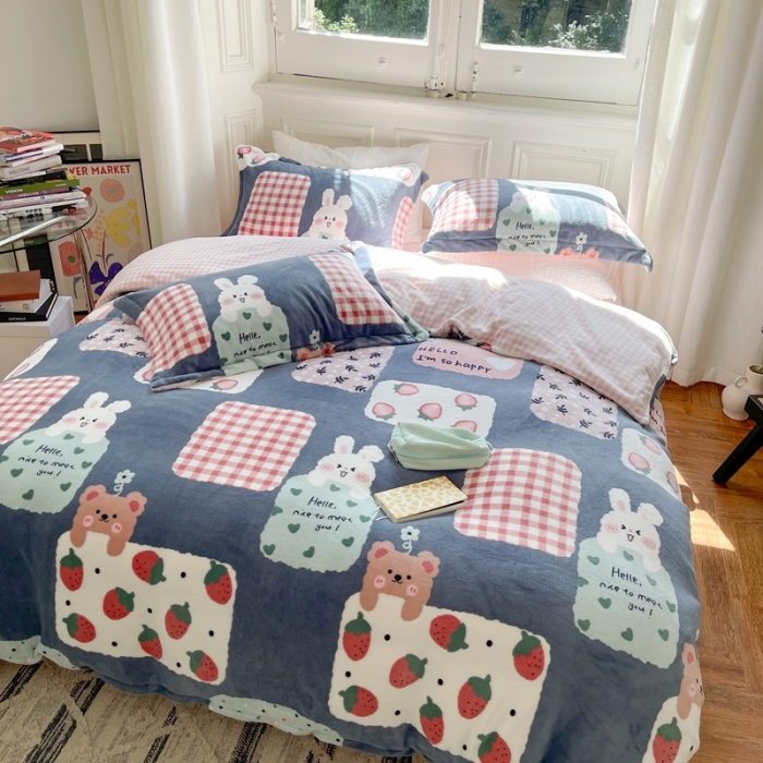 91家纺网 家纺一手货源 找家纺 柚子  2021新款牛奶绒印花四件套 布丁兔