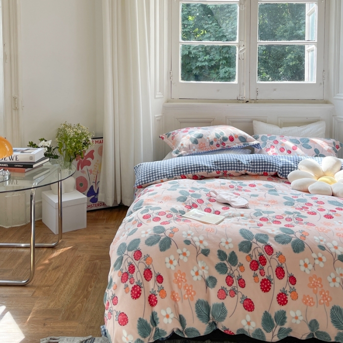 91家纺网 家纺一手货源 找家纺 柚子  2021新款牛奶绒印花四件套 花时