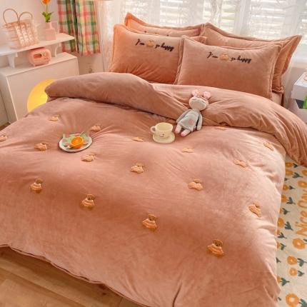 蜜柚 2024新款婴儿绒毛巾绣快乐熊仔四件套 快乐熊仔-卡其