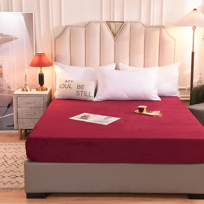 91家纺网 家纺一手货源 找家纺 甜之梦 2025牛奶绒纯色拼色单品四件套床笠（可定制尺寸）洋酒红