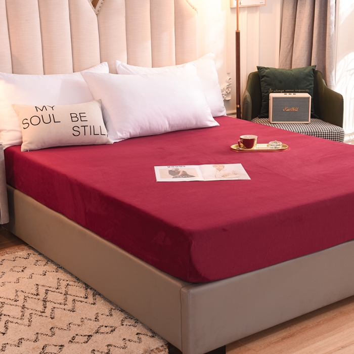 91家纺网 家纺一手货源 找家纺 甜之梦 2025牛奶绒纯色拼色单品四件套床笠（可定制尺寸）洋酒红