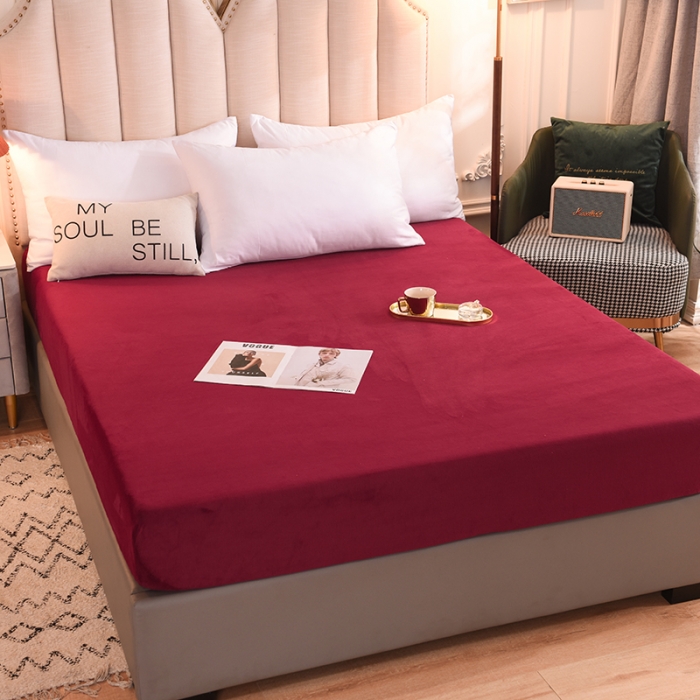 91家纺网 家纺一手货源 找家纺 甜之梦 2025牛奶绒纯色拼色单品四件套床笠（可定制尺寸）洋酒红