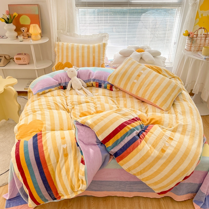 91家纺网 家纺一手货源 找家纺 金爱家 2021新款牛奶绒暖边四件套 彩虹洋