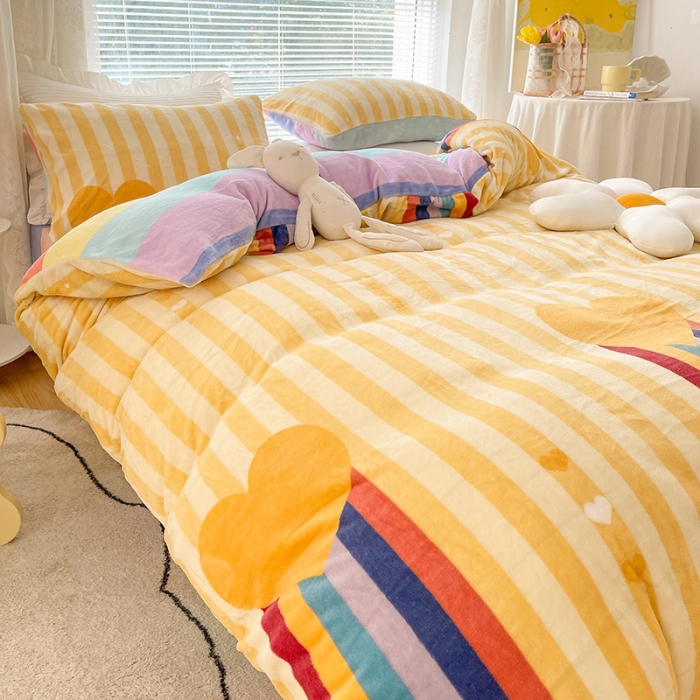 91家纺网 家纺一手货源 找家纺 金爱家 2021新款牛奶绒暖边四件套 彩虹洋