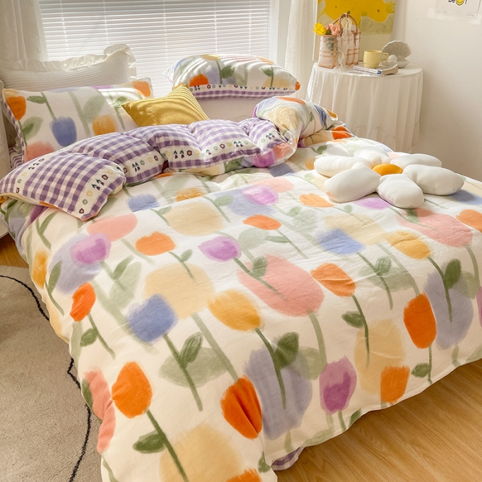 91家纺网 家纺一手货源 找家纺 金爱家 2021新款牛奶绒暖边四件套 彩色郁金香