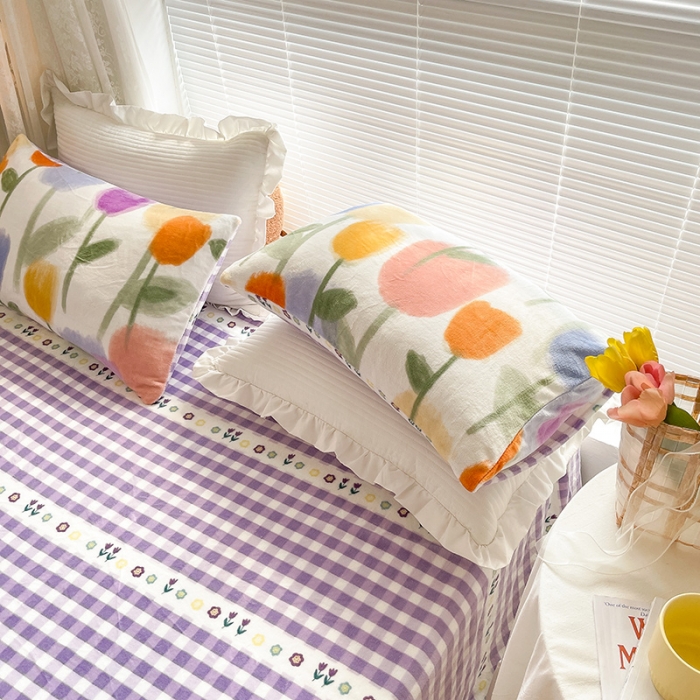 91家纺网 家纺一手货源 找家纺 金爱家 2021新款牛奶绒暖边四件套 彩色郁金香