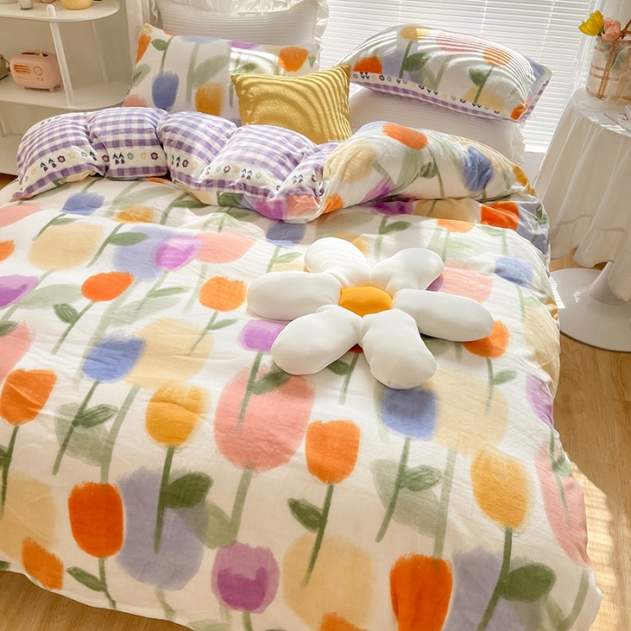 91家纺网 家纺一手货源 找家纺 金爱家 2021新款牛奶绒暖边四件套 彩色郁金香