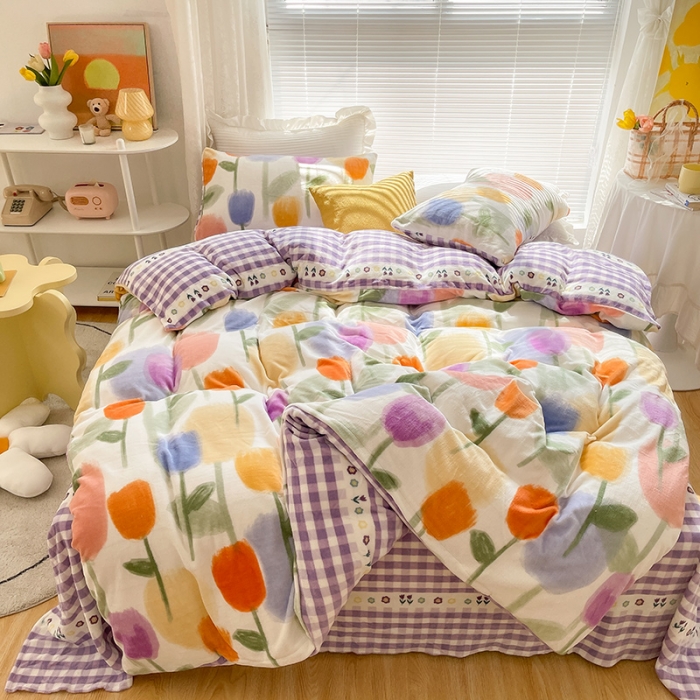 91家纺网 家纺一手货源 找家纺 金爱家 2021新款牛奶绒暖边四件套 彩色郁金香