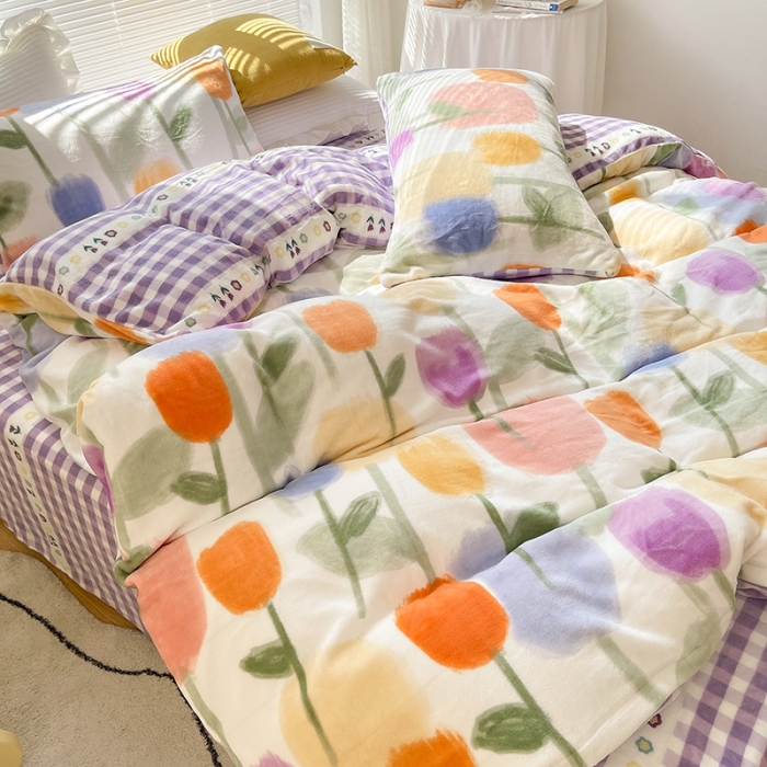 91家纺网 家纺一手货源 找家纺 金爱家 2021新款牛奶绒暖边四件套 彩色郁金香