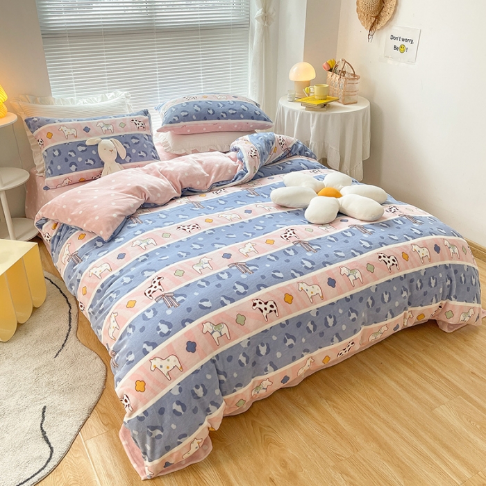 91家纺网 家纺一手货源 找家纺 金爱家 2021新款牛奶绒暖边四件套 多彩豹纹