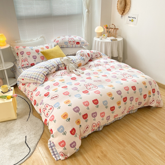 91家纺网 家纺一手货源 找家纺 金爱家 2021新款牛奶绒暖边四件套 花中兔