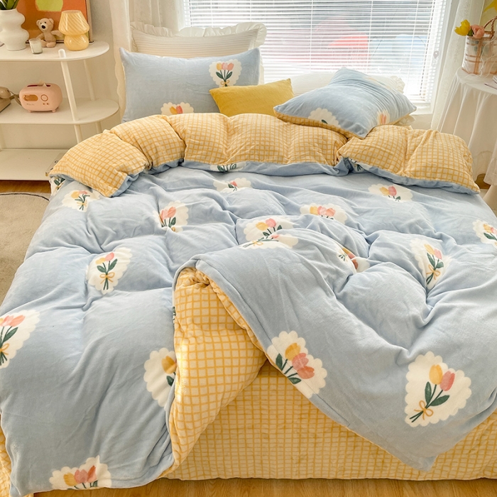 91家纺网 家纺一手货源 找家纺 金爱家 2021新款牛奶绒暖边四件套 心朵