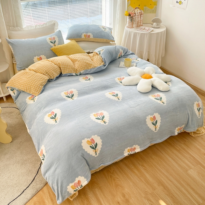 91家纺网 家纺一手货源 找家纺 金爱家 2021新款牛奶绒暖边四件套 心朵