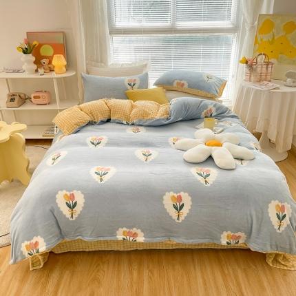 91家纺网 家纺一手货源 找家纺 金爱家 2021新款牛奶绒暖边四件套 心朵