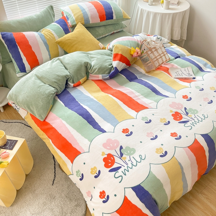 91家纺网 家纺一手货源 找家纺 金爱家 2021新款牛奶绒暖边四件套 炫彩花朵