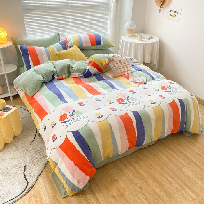 91家纺网 家纺一手货源 找家纺 金爱家 2021新款牛奶绒暖边四件套 炫彩花朵