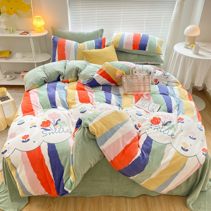 91家纺网 家纺一手货源 找家纺 金爱家 2021新款牛奶绒暖边四件套 炫彩花朵