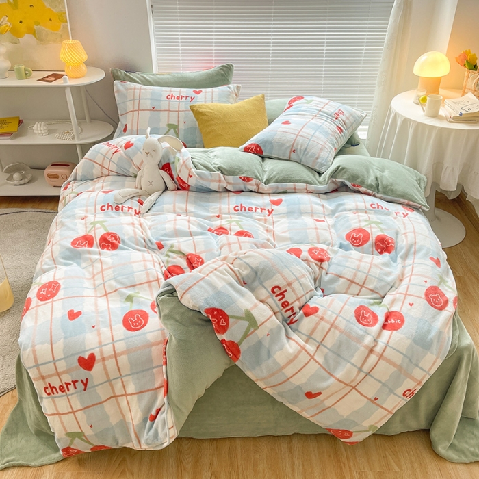 91家纺网 家纺一手货源 找家纺 金爱家 2021新款牛奶绒暖边四件套 樱桃兔兔