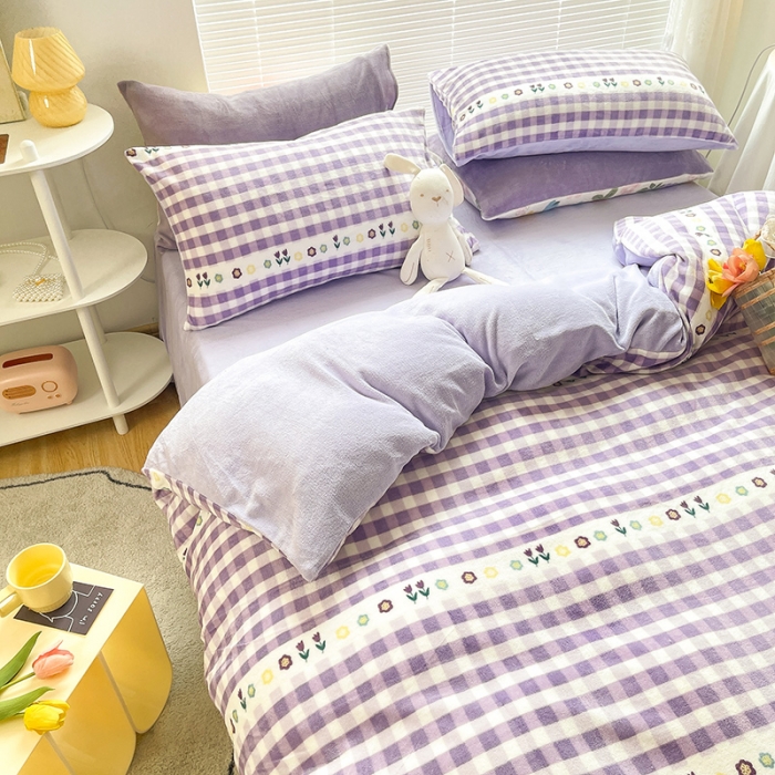 91家纺网 家纺一手货源 找家纺 金爱家 2021新款牛奶绒暖边四件套 郁金香紫