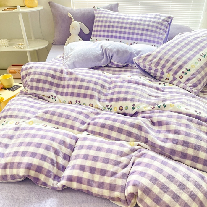 91家纺网 家纺一手货源 找家纺 金爱家 2021新款牛奶绒暖边四件套 郁金香紫