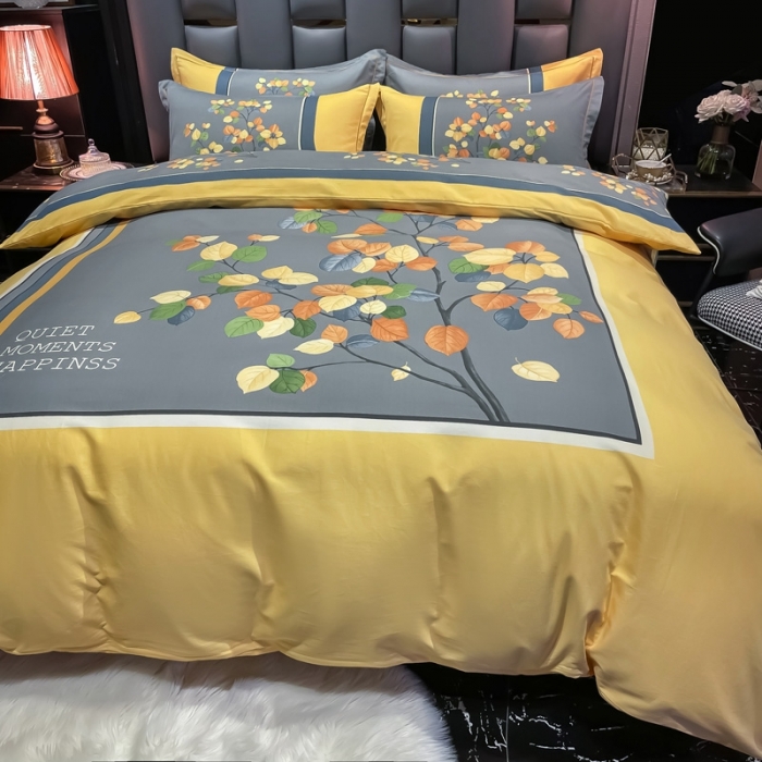 91家纺网 家纺一手货源 找家纺 金爱家 2021新款大版磨毛花卉系列四件套 庭叶向晚-黄