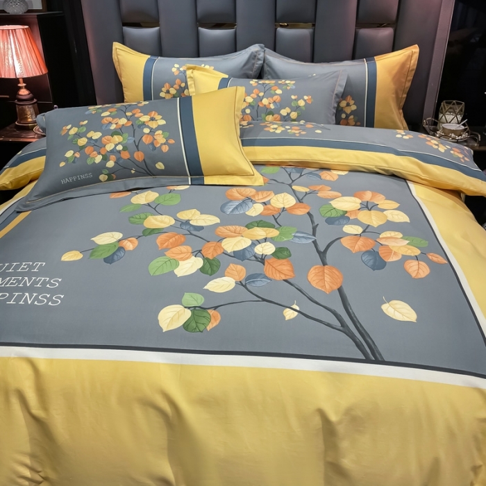 91家纺网 家纺一手货源 找家纺 金爱家 2021新款大版磨毛花卉系列四件套 庭叶向晚-黄