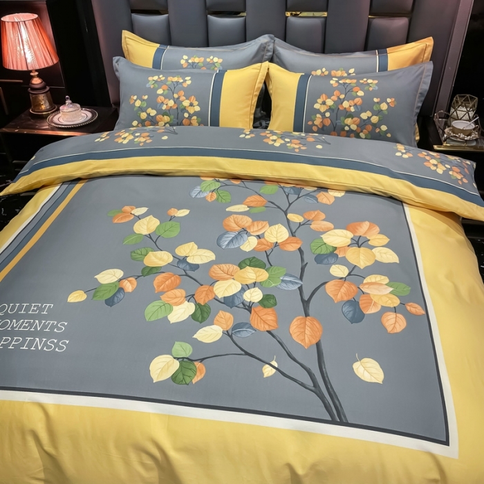 91家纺网 家纺一手货源 找家纺 金爱家 2021新款大版磨毛花卉系列四件套 庭叶向晚-黄