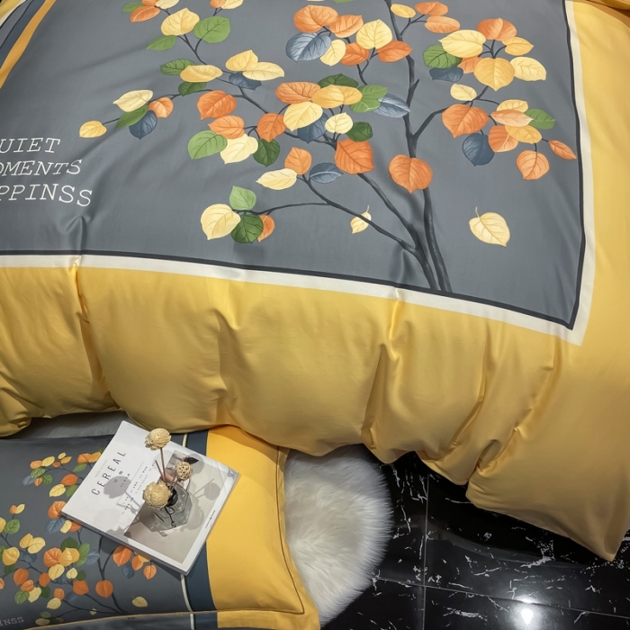 91家纺网 家纺一手货源 找家纺 金爱家 2021新款大版磨毛花卉系列四件套 庭叶向晚-黄