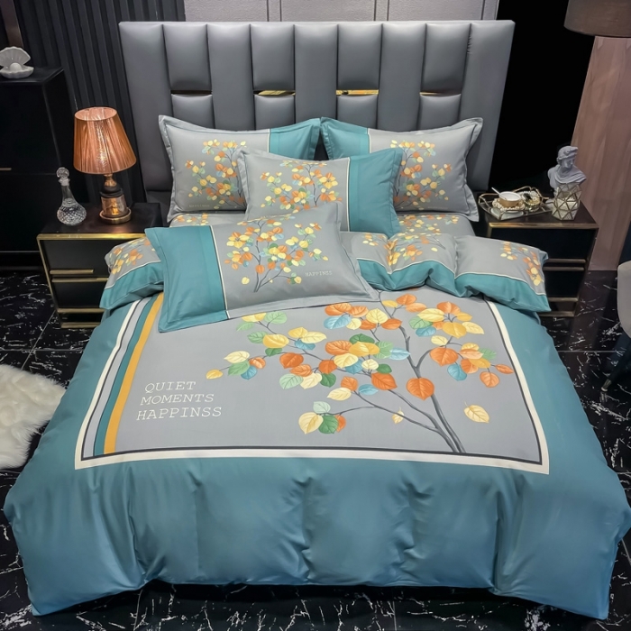 91家纺网 家纺一手货源 找家纺 金爱家 2021新款大版磨毛花卉系列四件套 庭叶向晚-兰