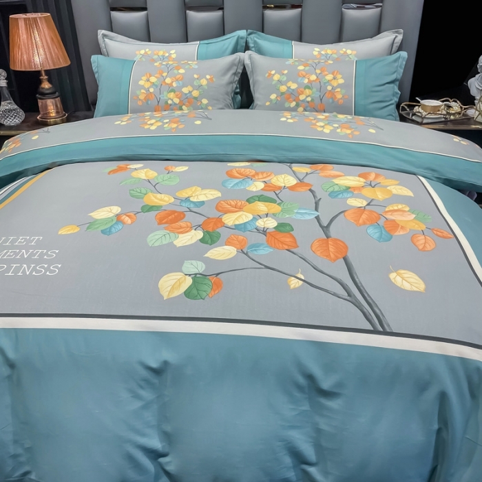 91家纺网 家纺一手货源 找家纺 金爱家 2021新款大版磨毛花卉系列四件套 庭叶向晚-兰