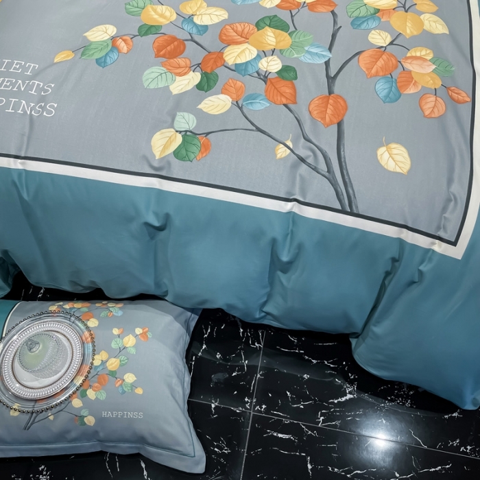 91家纺网 家纺一手货源 找家纺 金爱家 2021新款大版磨毛花卉系列四件套 庭叶向晚-兰