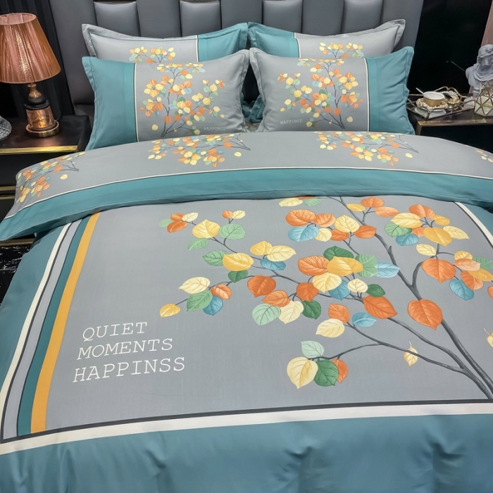 91家纺网 家纺一手货源 找家纺 金爱家 2021新款大版磨毛花卉系列四件套 庭叶向晚-兰