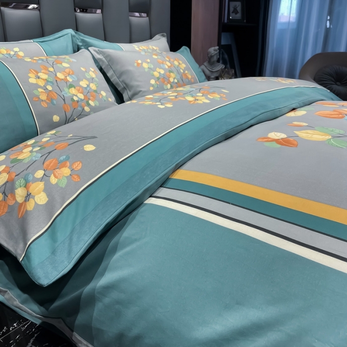 91家纺网 家纺一手货源 找家纺 金爱家 2021新款大版磨毛花卉系列四件套 庭叶向晚-兰