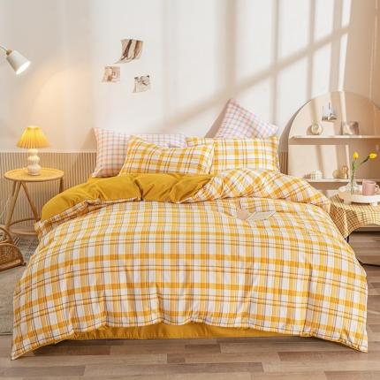 91家纺网 家纺一手货源 找家纺 优宜家纺织2023新款化纤磨毛格子四件套 芒果格