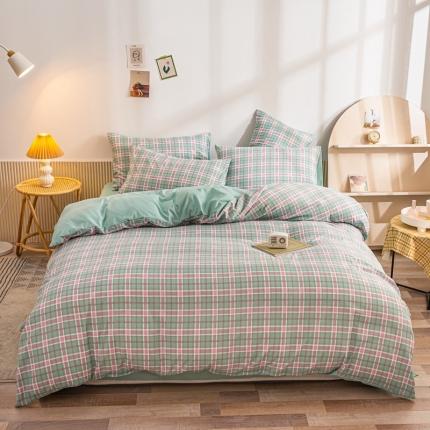 91家纺网 家纺一手货源 找家纺 优宜家纺织2023新款化纤磨毛格子四件套 青柠格