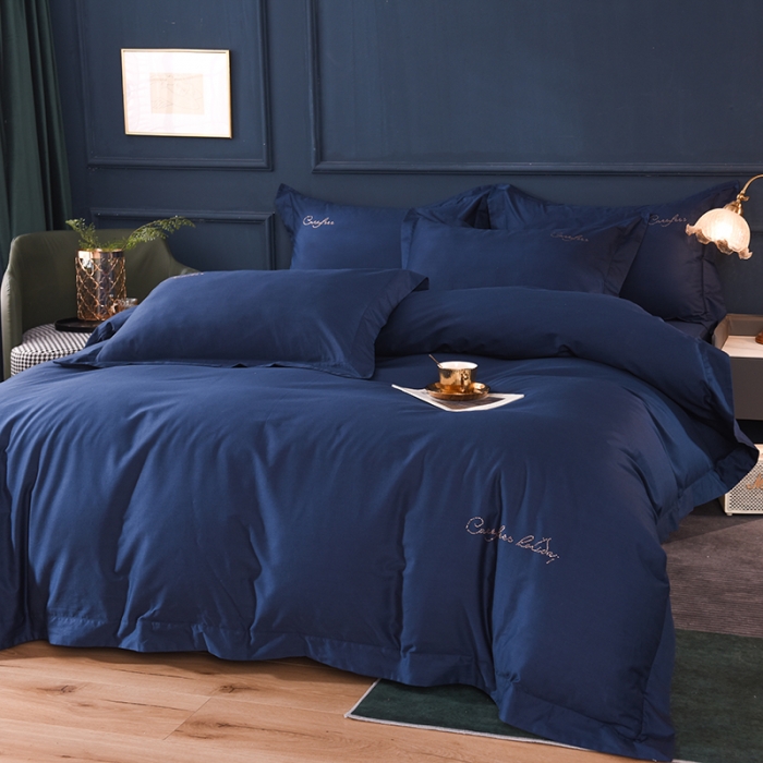 91家纺网 家纺一手货源 找家纺 甜之梦2025新款13374经典工艺款纯色长绒棉四件套 藏青