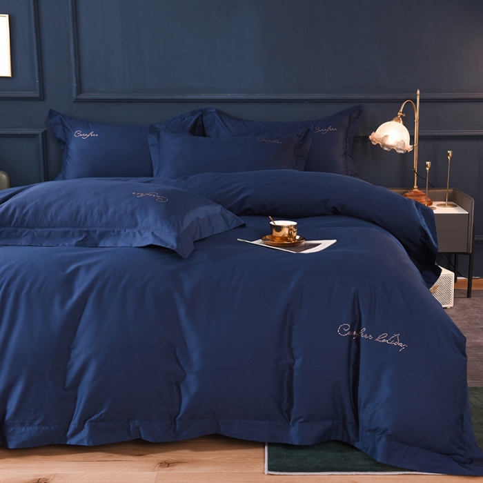 91家纺网 家纺一手货源 找家纺 甜之梦2025新款13374经典工艺款纯色长绒棉四件套 藏青