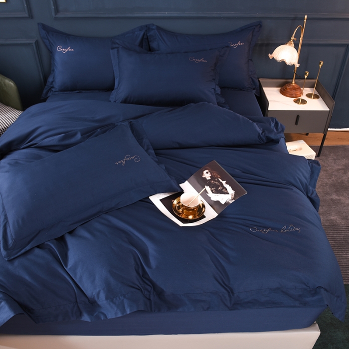 91家纺网 家纺一手货源 找家纺 甜之梦2025新款13374经典工艺款纯色长绒棉四件套 藏青